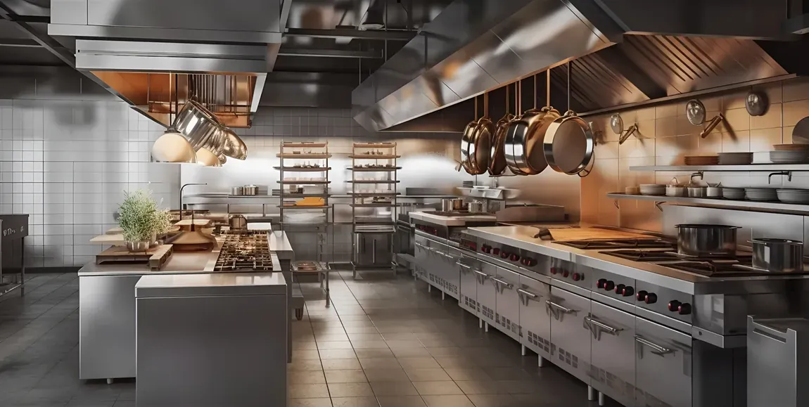 Commercial kitchen with stainless-steel cooking line, extraction hoods and hanging pans